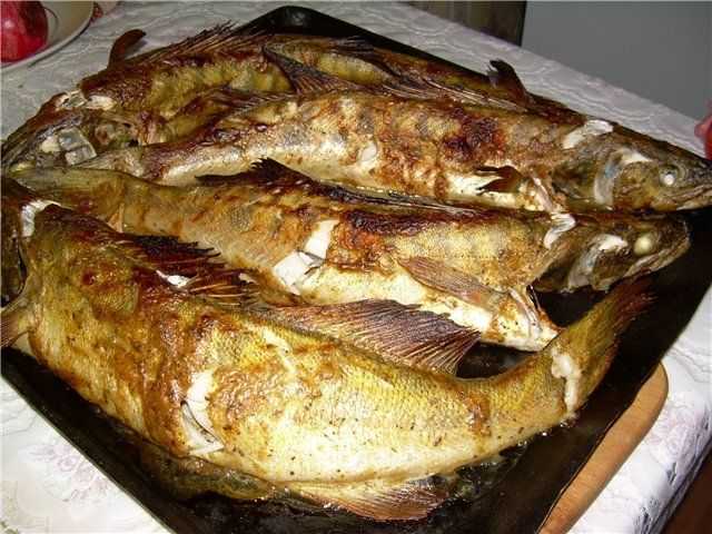 Судак, запеченный с грибами, луком и морковью